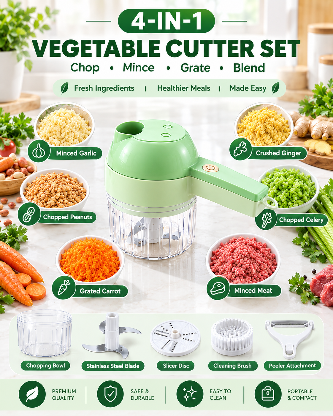 4-in-1 Electric Vegetable Chopper, Slicer & Peeler Set (USB Rechargeable)